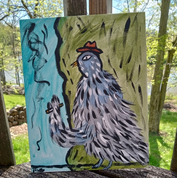 Pigeon Smoking Painting Folk Art Whimsical Decor - Picture 8 of 9